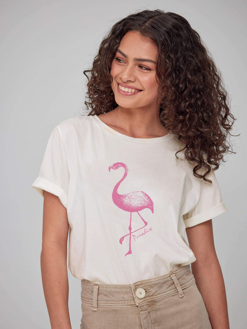 Lola - Round Neck Tee - Flamingo - Off White