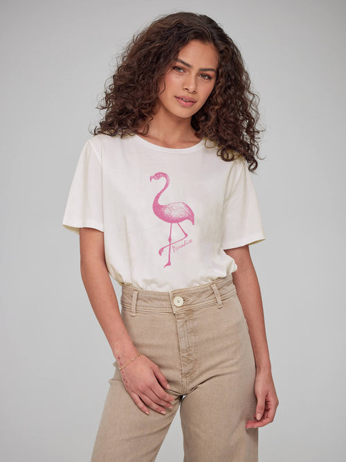 Lola - Round Neck Tee - Flamingo - Off White
