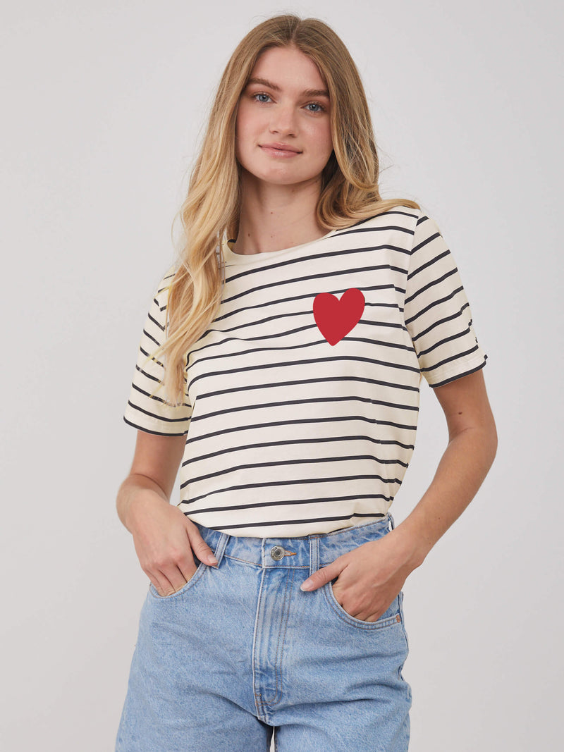 Lola - Round Neck Tee - Heart - Off White with Black Stripes