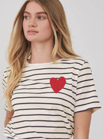 Lola - Round Neck Tee - Heart - Off White with Black Stripes