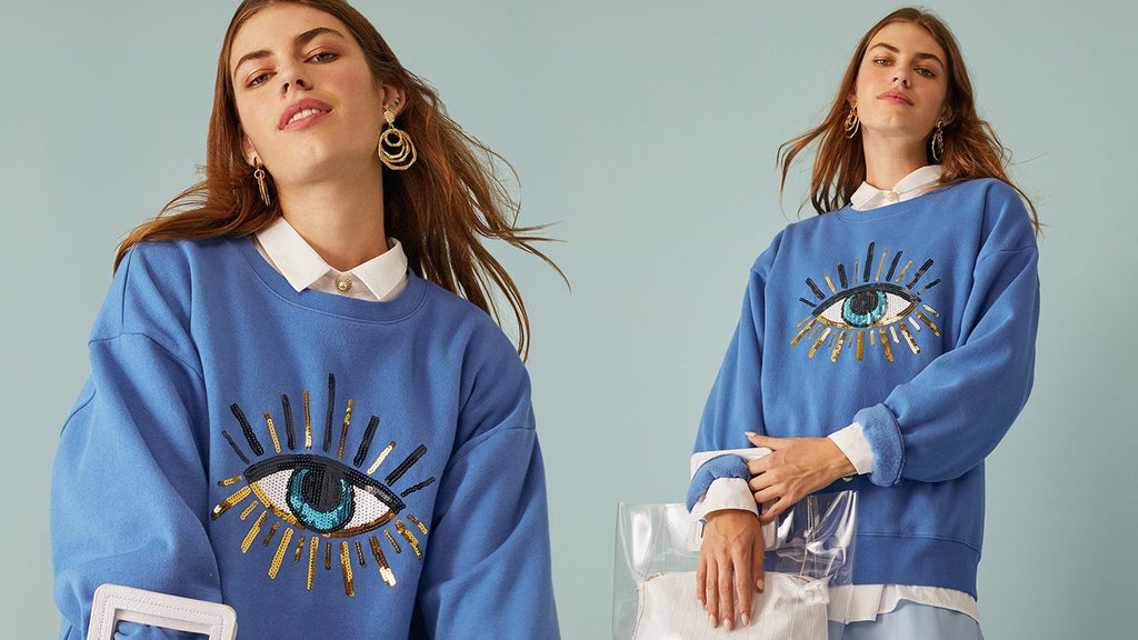 Blue sweatshirt with sequins Evil Eye Graphic printed 