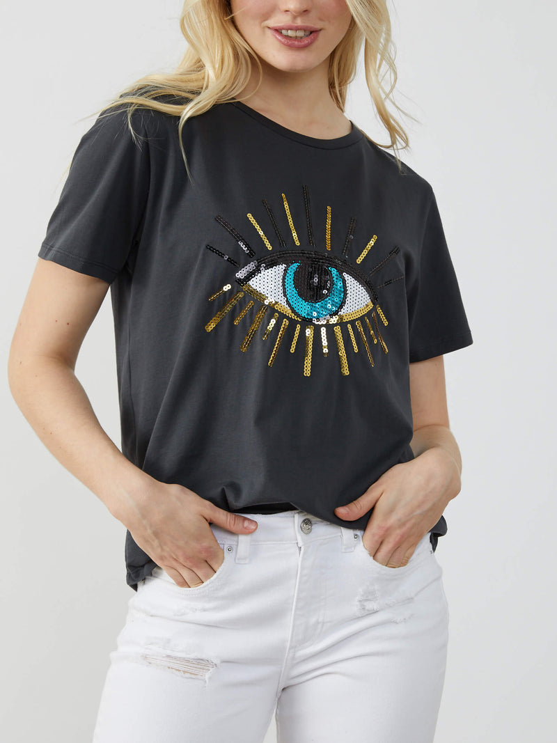<img =" Black Evil Eye_t-shirt.png" alt="Evil Eye T-shirt Black Color gold sequences"