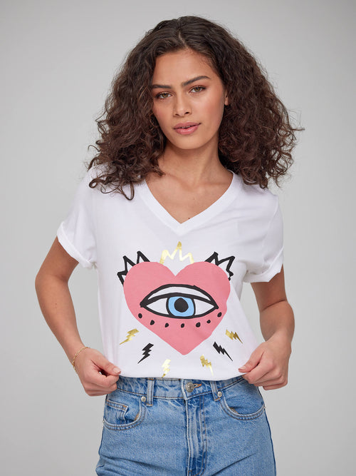 Viola - V Neck Tee - Evil Eye Heart - White
