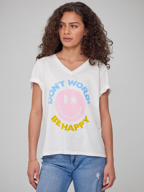 Viola - V Neck Tee - Don't Worry Be Happy - Off White