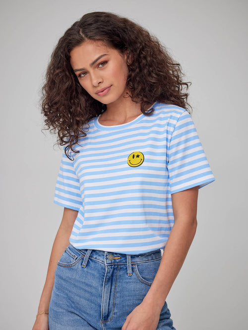 Lola - Round Neck Tee - Mini Smiley - Stripes Blue & White