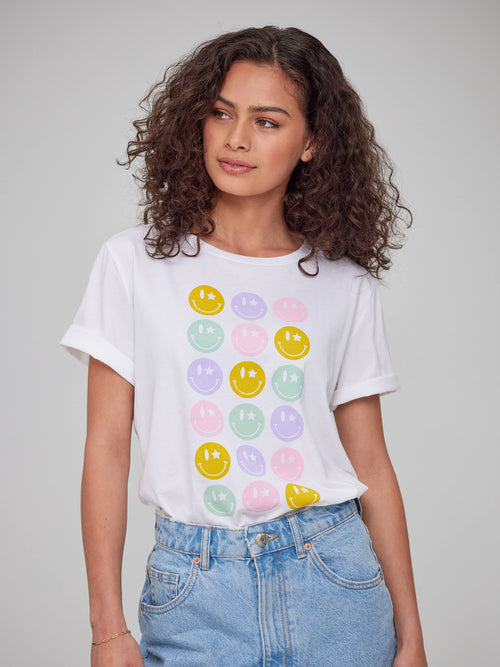 Lola - Round Neck Tee - SMILEYS - White