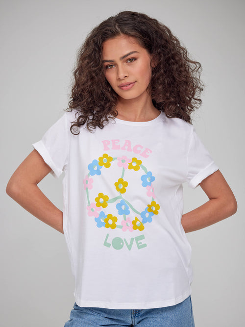 Lola - Round Neck Tee - Peace Love - White