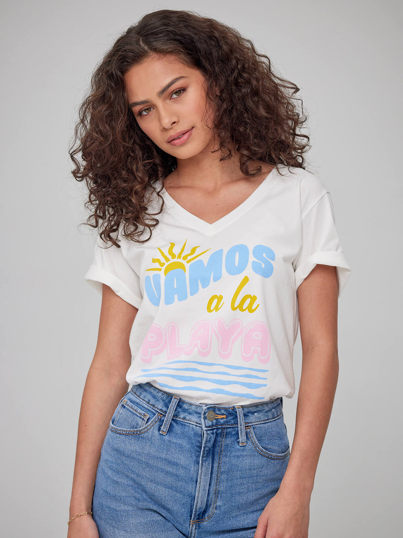 Viola - V Neck Tee - Vamos a la Playa - Off White
