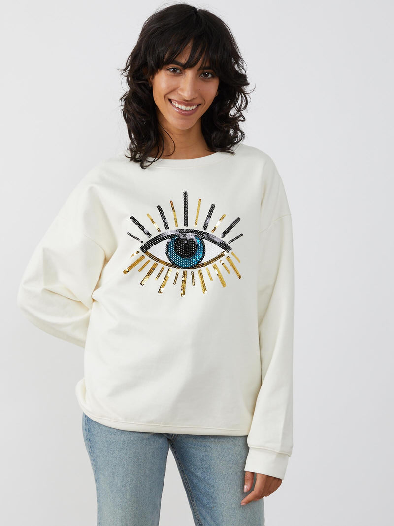 <img ="Evil Eye_Sweatshirt.png" alt="Evil Eye Sweatshirt Overzised Cream Color gold sequences"