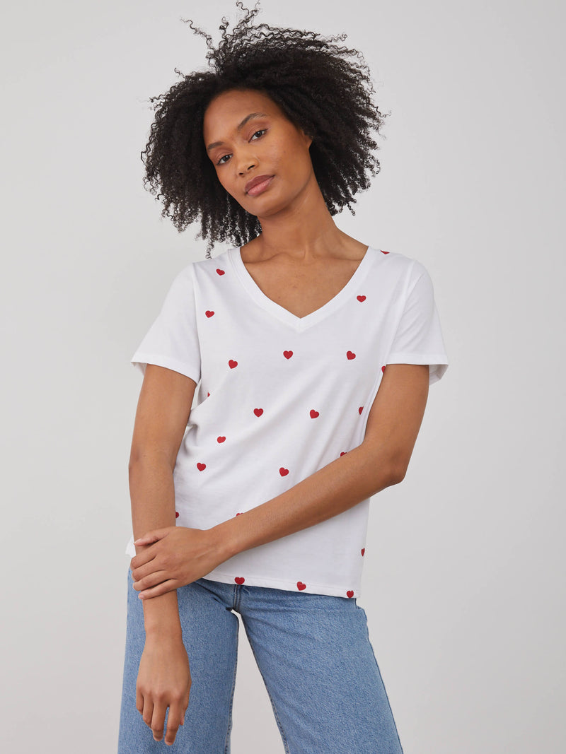 Viola – V Neck Tee - Mini Hearts - White