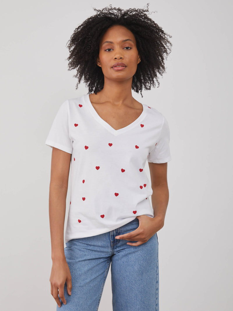 Viola – V Neck Tee - Mini Hearts - White