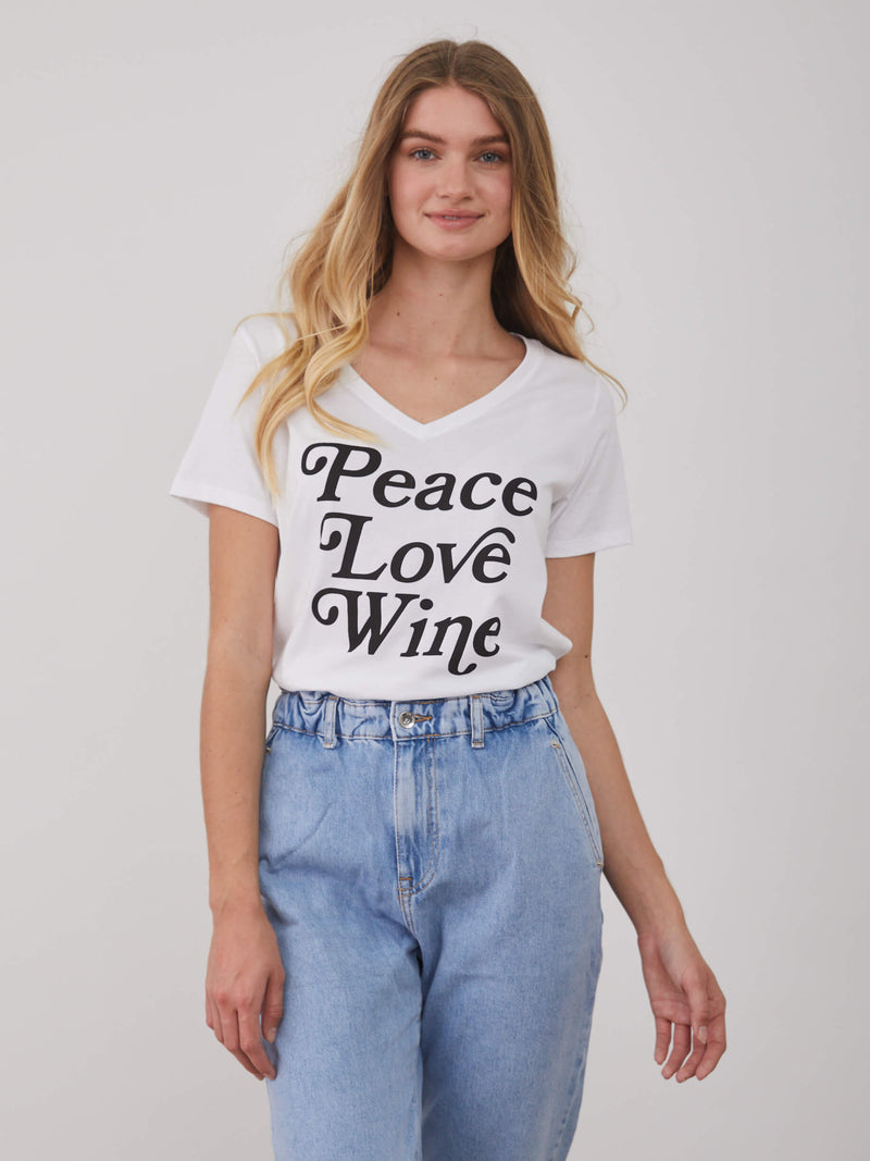 Viola - V Neck Tee - Peace Love Wine - White