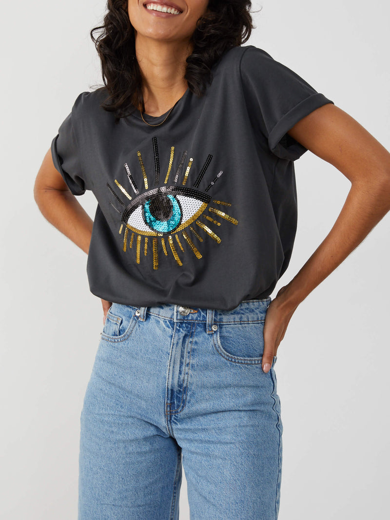 <img =" Black Evil Eye_t-shirt.png" alt="Evil Eye T-shirt Black Color gold sequences"